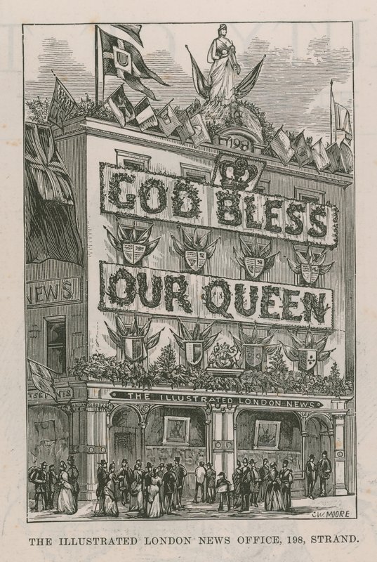 Estandarte adornando las oficinas de Illustrated London News de English School