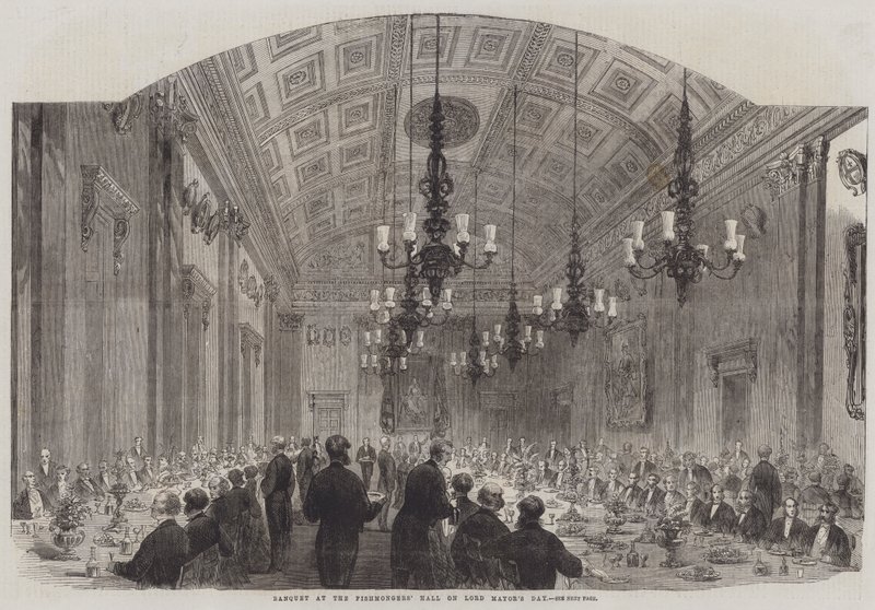 Banquete en el Salón de los Pescaderos en el Día del Alcalde (grabado) de English School