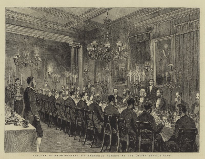 Banquete al Mayor General Sir Frederick Roberts en el United Service Club, ilustración para The Graphic, 4 de diciembre de 1880 de English School