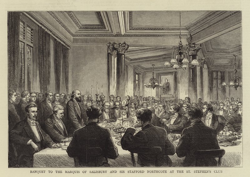 Banquete al Marqués de Salisbury y Sir Stafford Northcote en el Club St Stephen (grabado) de English School