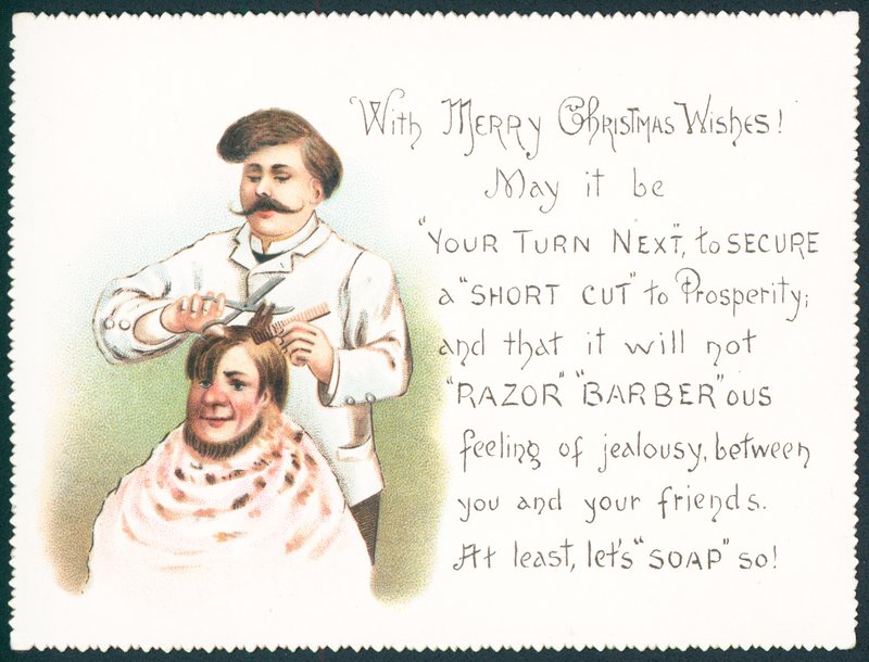 Barbero cortando el cabello, Tarjeta de Navidad de English School