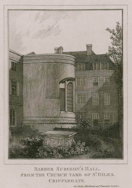 Barber Surgeons Hall, Monkwell Street, Londres, visto desde el cementerio de la iglesia de St Giles, Cripplegate de English School