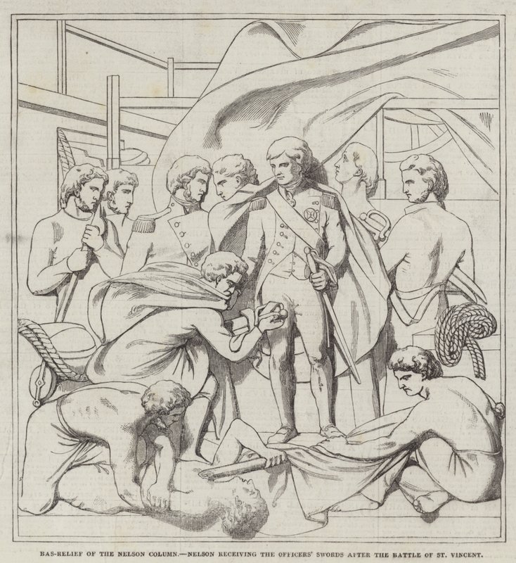 Bajorrelieve de la Columna de Nelson, Nelson recibiendo las espadas de los oficiales después de la Batalla de San Vicente (grabado) de English School