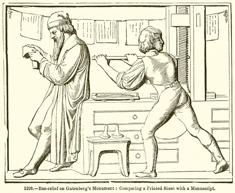 Bajo Relieve en el Monumento de Gutenberg: Comparando una Hoja Impresa con un Manuscrito de English School