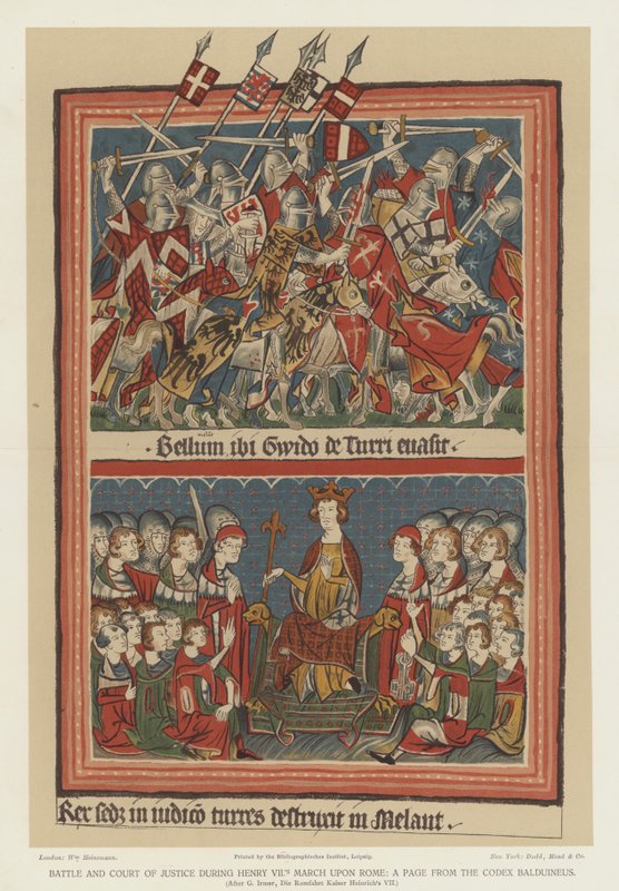 Batalla y tribunal de justicia durante la marcha de Enrique VII sobre Roma (litografía en color) de English School