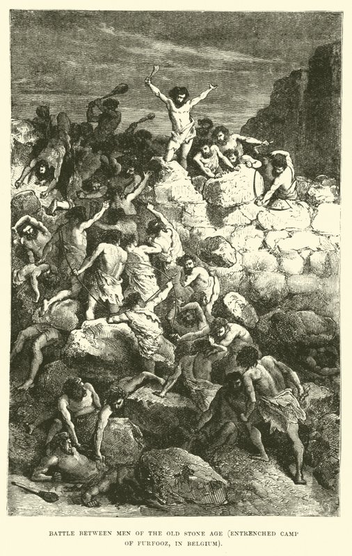 Batalla entre hombres de la Edad de Piedra antigua, campamento fortificado de Furfooz, en Bélgica de English School