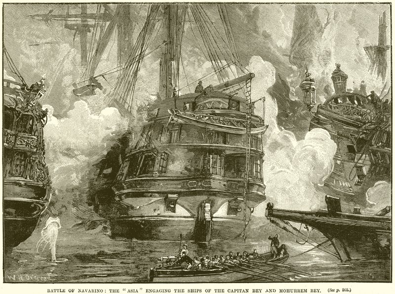 Batalla de Navarino: El Asia enfrentando los barcos del Capitán Bey y Mohurrem Bey de English School