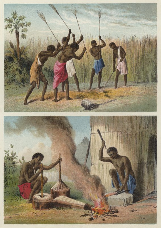 Golpeando sorgo, herreros del pueblo de English School
