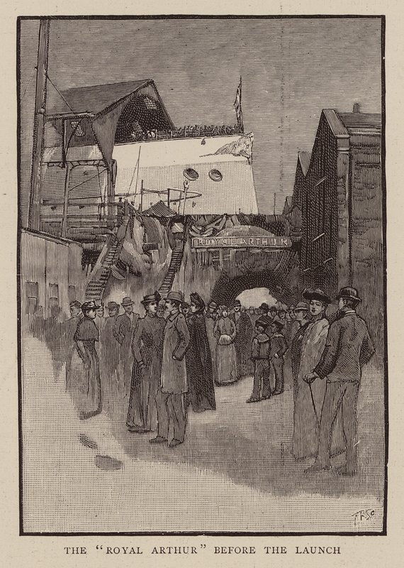 Antes de la botadura del HMS Royal Arthur (grabado) de English School