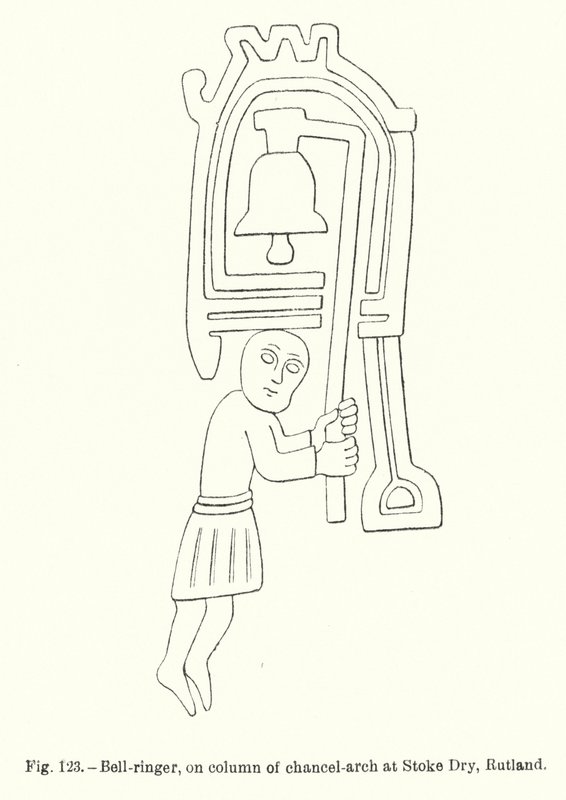 Campanero, en la columna del arco del presbiterio en Stoke Dry, Rutland (grabado) de English School