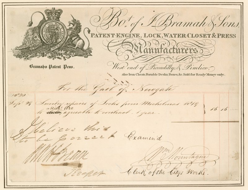 Factura por reparaciones de cerraduras en la prisión de Newgate. Firmada por el guardián de English School