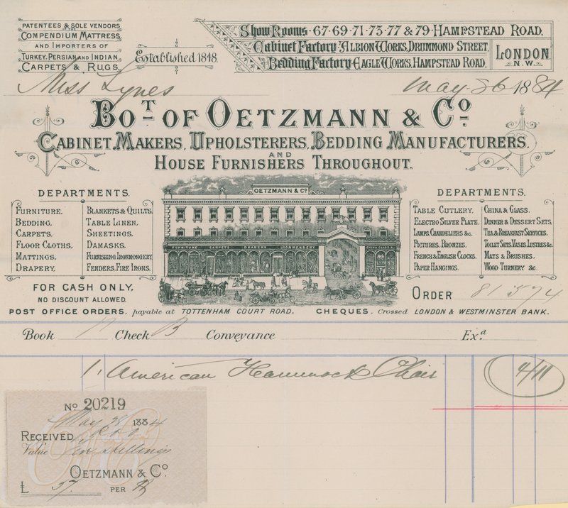 Factura de Oetzmann & Co, fabricantes de muebles, tapiceros, fabricantes de camas y proveedores de muebles para el hogar de English School