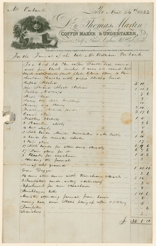 Factura de Thomas Martin, fabricante de ataúdes y funerario en relación con el funeral del Sr. William Eubank de English School