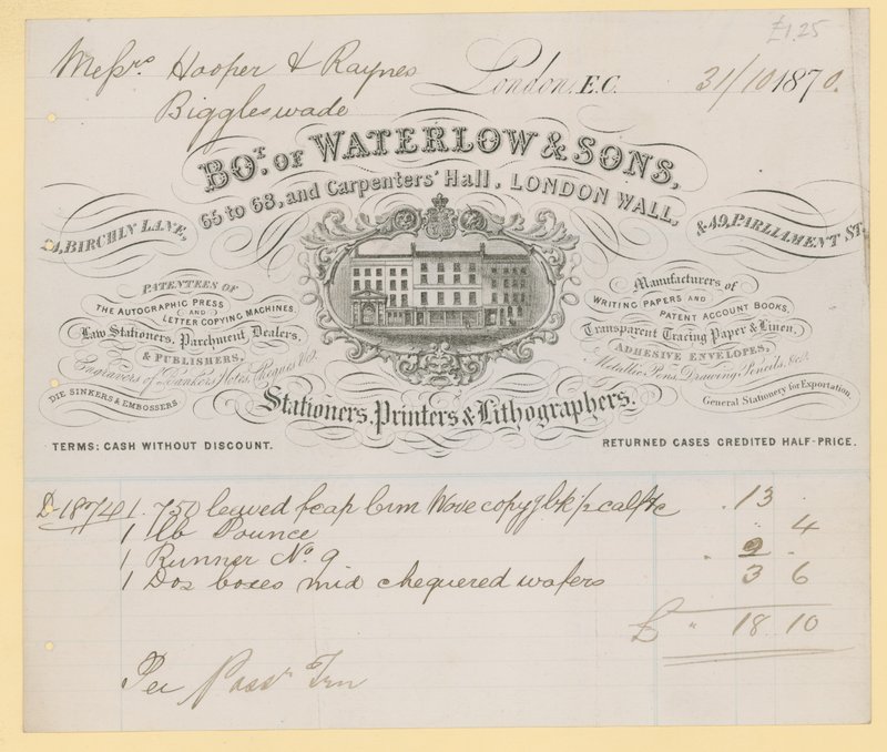 Factura de Waterlow and Sons, 66-68 Carpenters Hall, London Wall, papelería de English School
