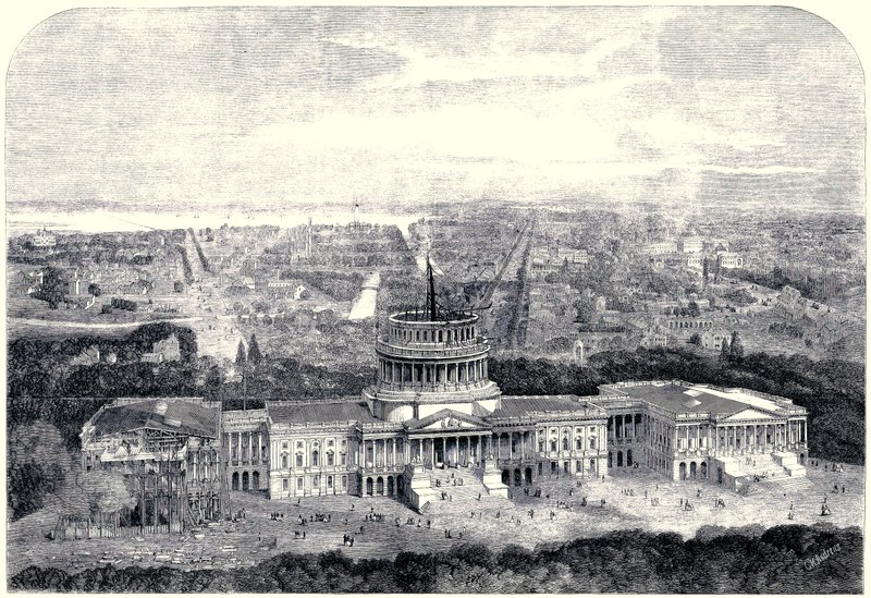 Vista aérea de la ciudad de Washington 1861, con el Capitolio en construcción en primer plano (versión digitalmente limpiada) de English School