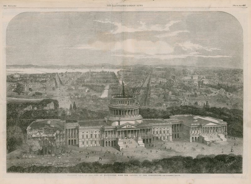 Vista aérea de la ciudad de Washington, con el Capitolio en primer plano de English School