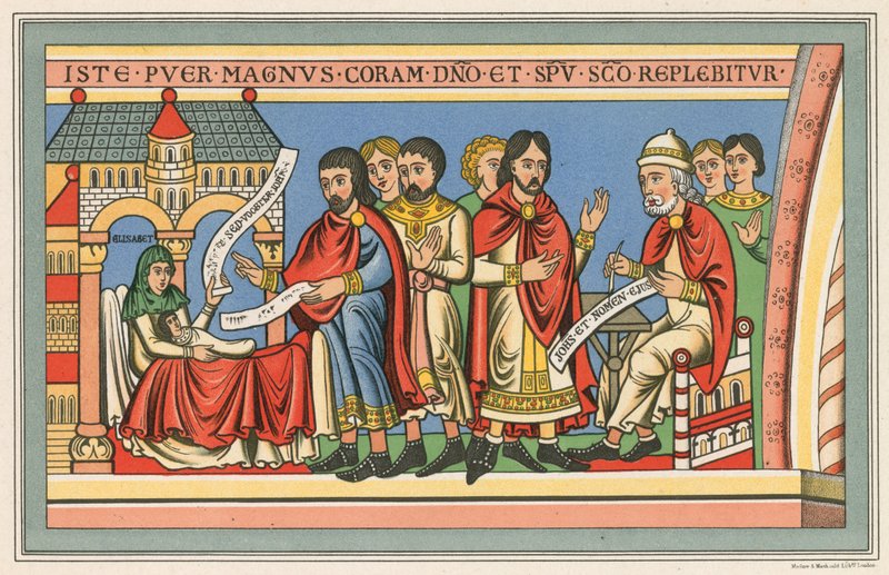 Nacimiento de Juan el Bautista, reflejando el traje del siglo XII de English School