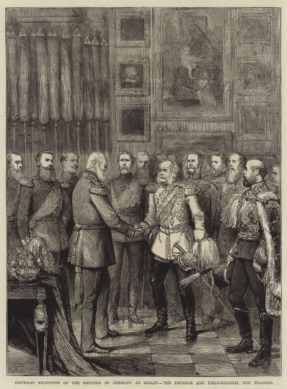 Recepción de cumpleaños del emperador de Alemania en Berlín, el emperador y el mariscal de campo von Wrangel (grabado) de English School