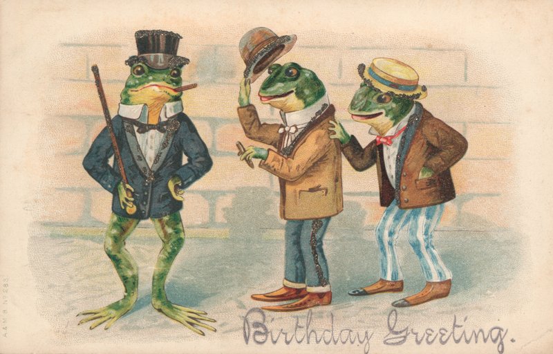 Tarjeta de cumpleaños, ranas con ropa humana de English School