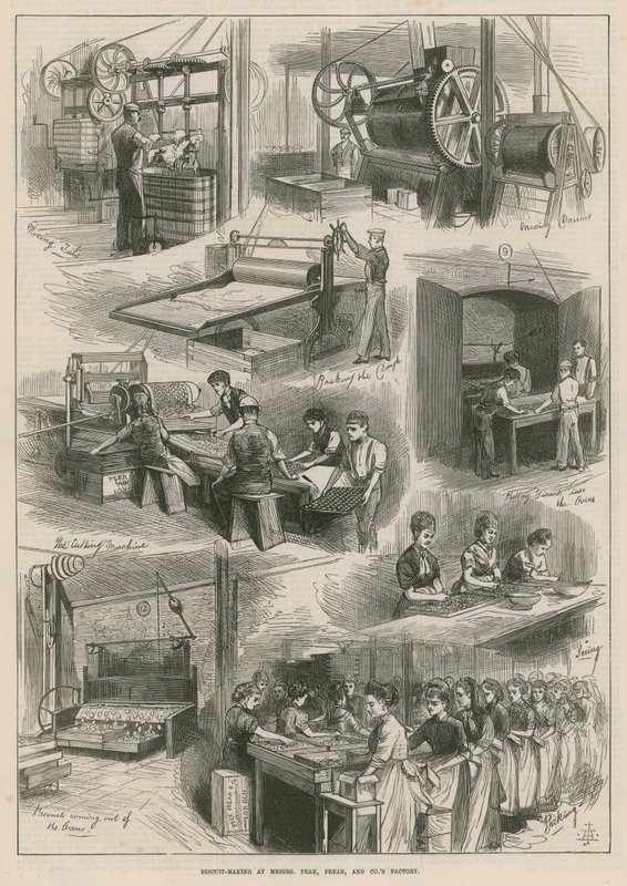 Fabricación de galletas en la fábrica de Messrs Peak, Frean and Co. de English School