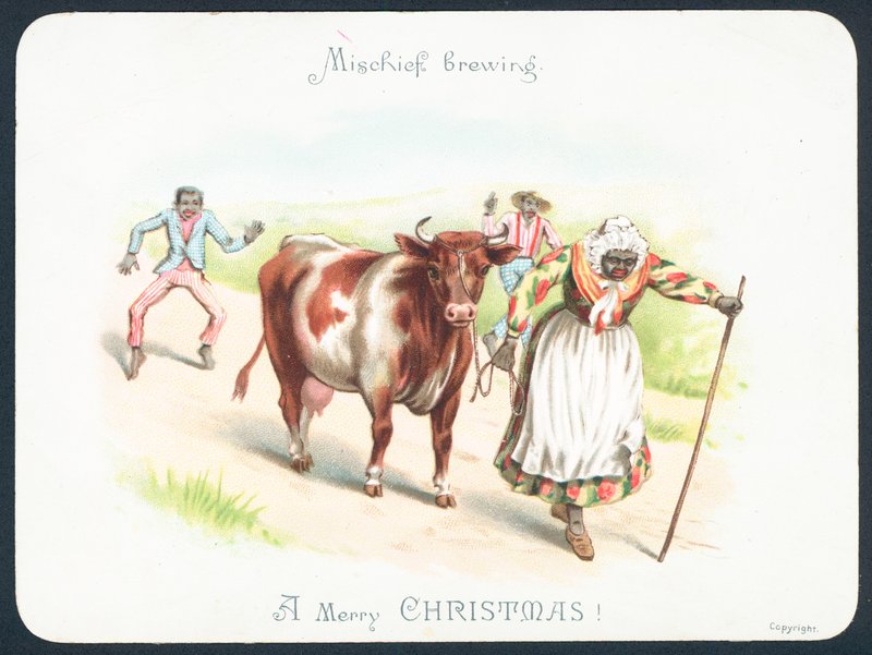 Mujer negra guiando una vaca, tarjeta de Navidad de English School