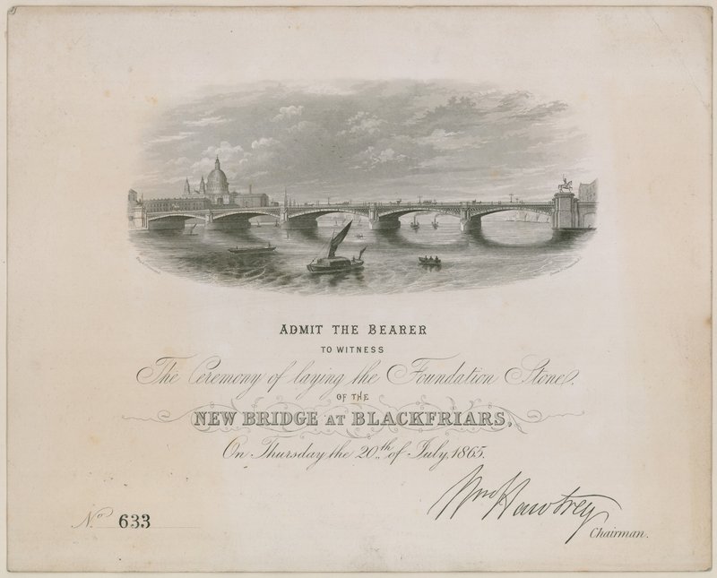 Puente de Blackfriars. Invitación a la ceremonia de colocación de la primera piedra, 20 de julio de 1865 de English School