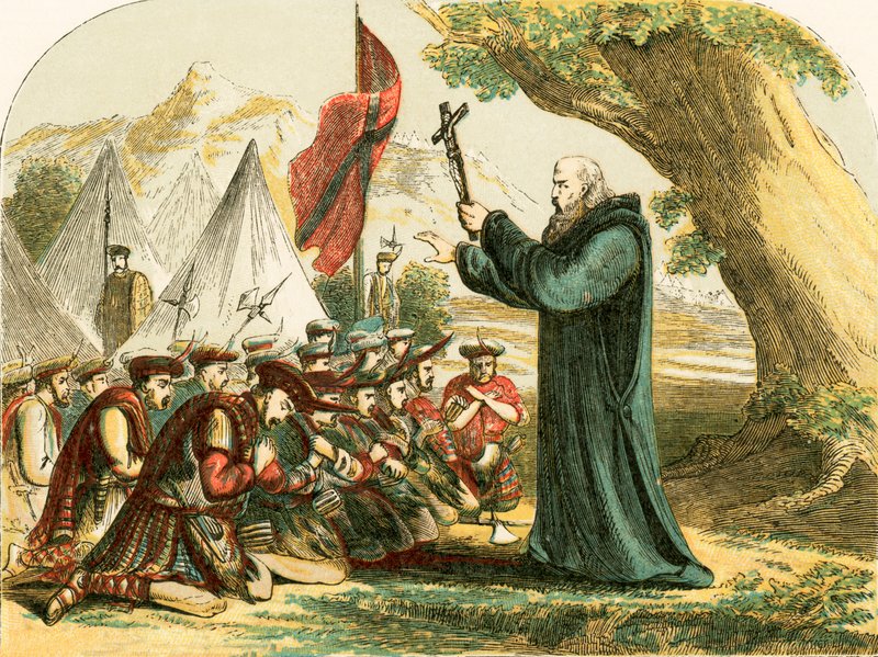 Bendición de los soldados escoceses antes de la batalla de Bannockburn de English School
