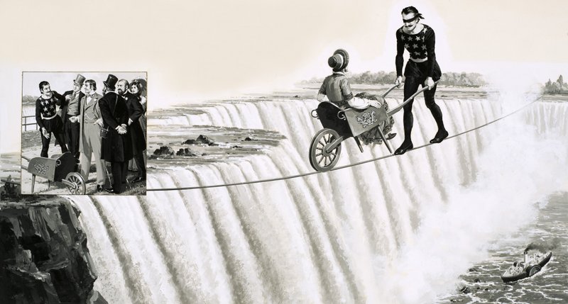 Blondin (Francois Gravelet) empuja una carretilla sobre una cuerda floja sobre las Cataratas del Niágara de English School