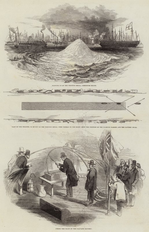 Explosión del banco de arena Whiting en Limehouse Reach (grabado) de English School