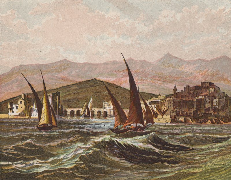 Barcos navegando frente a la costa de Tierra Santa (litografía en color) de English School