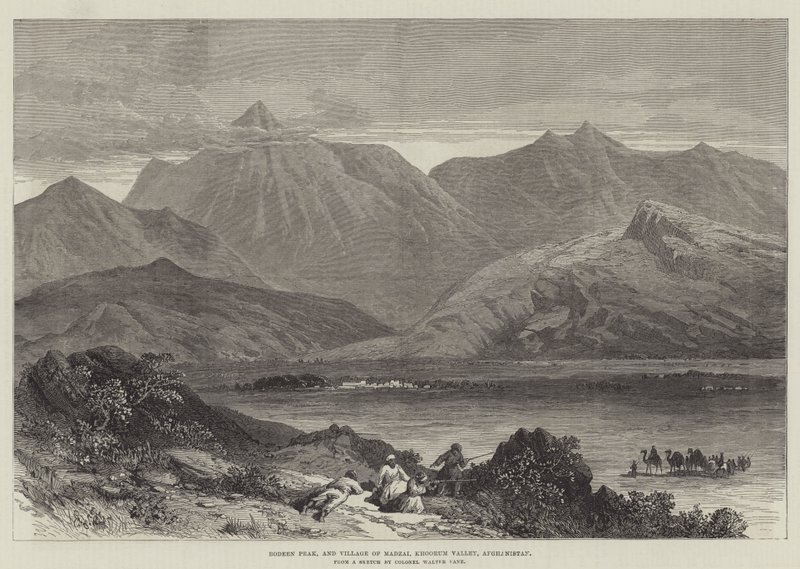 Pico Bodeen y Pueblo de Madzai, Valle de Khoorum, Afganistán (grabado) de English School