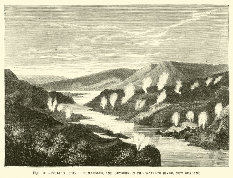 Fuentes termales, fumarolas y géiseres en el Río Waikato, Nueva Zelanda de English School