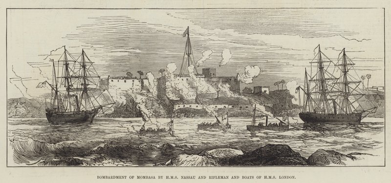 Bombardeo de Mombasa por HMS Nassau y Rifleman y Botes de HMS London (grabado) de English School