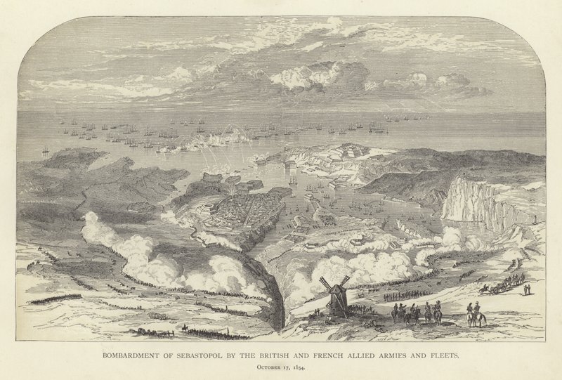 Bombardeo de Sebastopol por los ejércitos y flotas aliados británicos y franceses, 17 de octubre de 1854 de English School