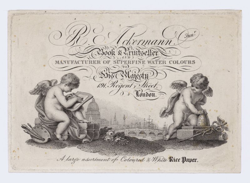 Tarjeta comercial de librero y vendedor de impresiones, R Ackermann Junior de English School