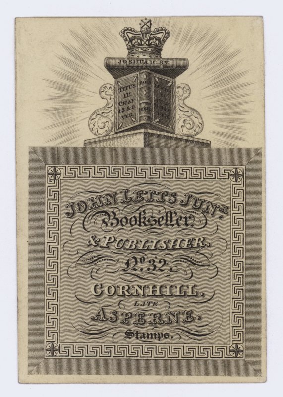 Tarjeta comercial de librero y editor, John Letts Junior de English School