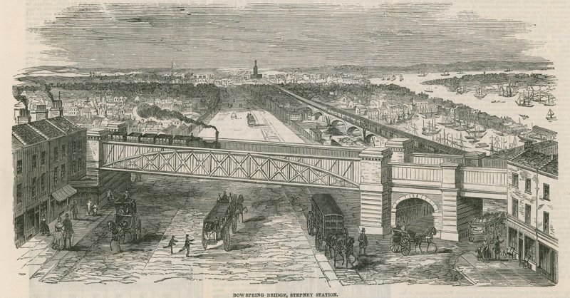 Puente de Bow Spring, estación de Stepney, Londres de English School