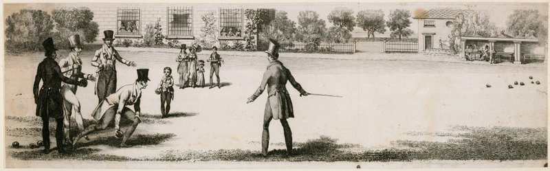 Juego de bolos durante la Regencia en un jardín de recreo no identificado de English School