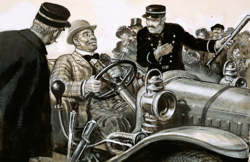 El boxeador Jack Johnson al volante de un coche de carreras de English School