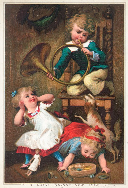 Niño soplando cuerno, tarjeta de Año Nuevo de English School