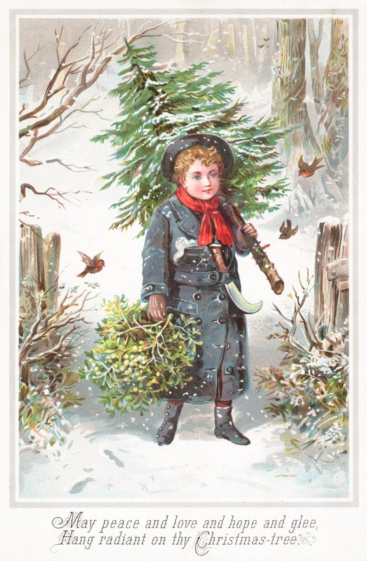 Niño llevando árbol de Navidad al hombro, tarjeta de Navidad de English School