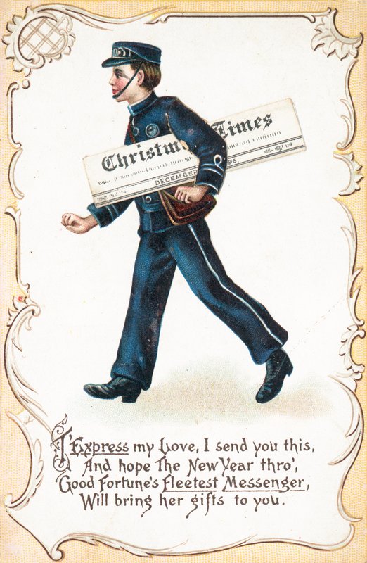 Chico entregando el periódico Christmas Times, tarjeta de Navidad de English School