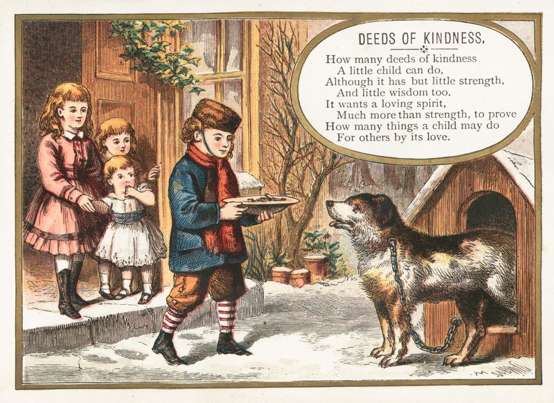 Niño alimentando al perro en la perrera, tarjeta de Navidad de English School