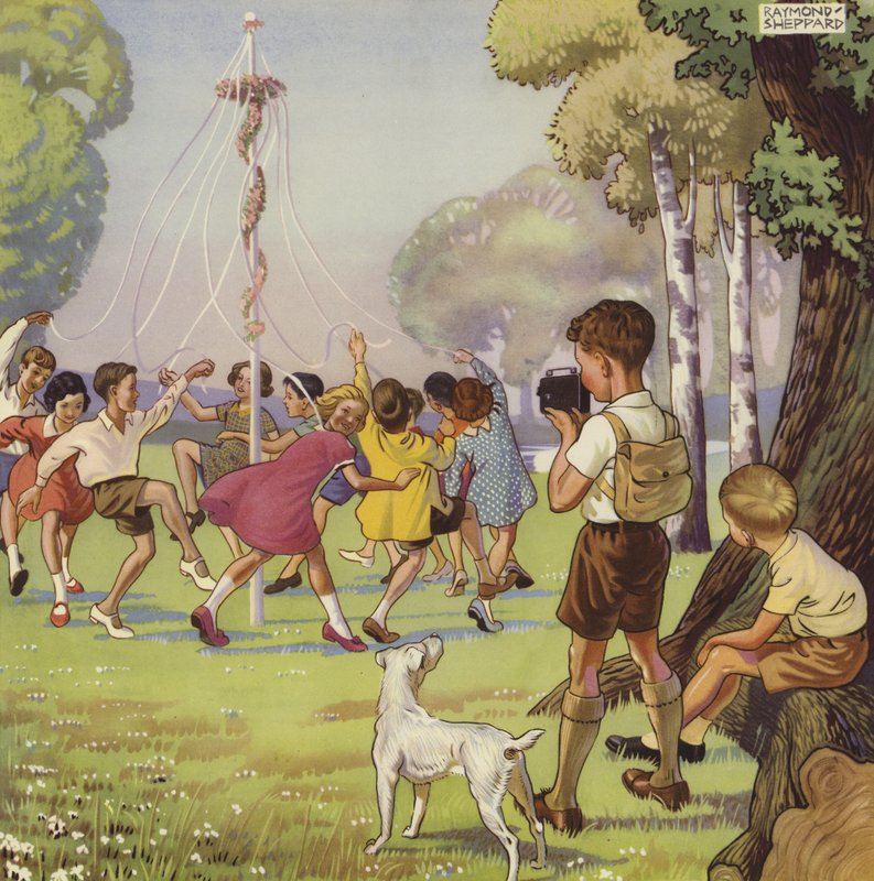 Niño filmando a niños bailando alrededor de un palo de mayo de English School
