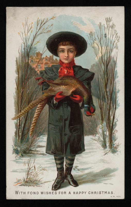 Niño sosteniendo un faisán, tarjeta de felicitación de Navidad de English School