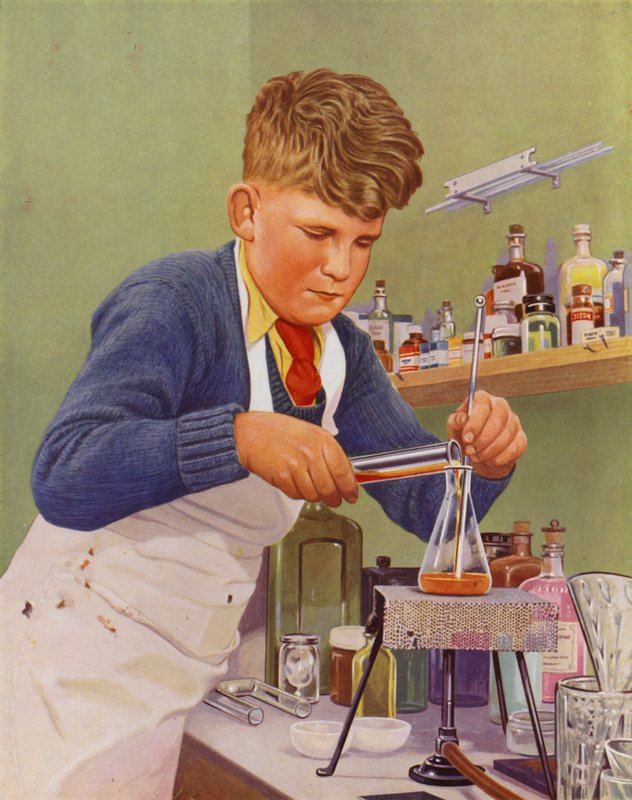 Niño realizando un experimento de química (litografia en color) de English School