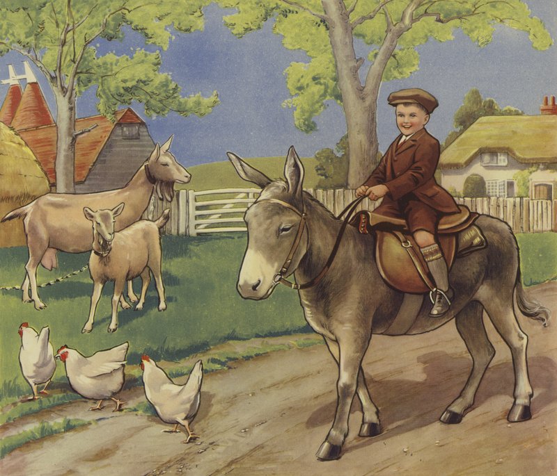 Niño montado en un burro en la campiña inglesa (litografía en color) de English School