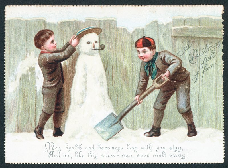 Niños construyendo un muñeco de nieve, Tarjeta de Navidad de English School