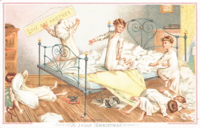 Niños peleando con almohadas, tarjeta de Navidad de English School