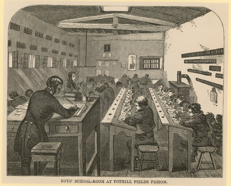 Sala de escuela de niños en la Prisión de Tothill Fields de English School